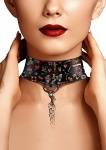 Elegancka OBROŻA ZE SMYCZĄ - Printed Collar With Leash - Old School Tattoo Style - Black