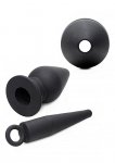 Silikonowy, przelotowy korek analny z zatyczką i stymulującymi przetłoczeniami - czarny AF562 - Plunged Silicone Hollow Plug w/ Inser - Black
