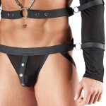 Svenjoyment Bondage Top z Długim Rękawem, Uprząż, Jockstrap i 4 Mankiety S Czarny