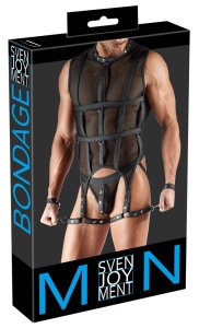 Svenjoyment Bondage XL - Koszulka siateczkowa z uprzężą, slipami jock i kajdankami czarna