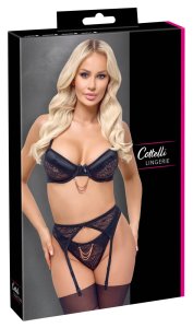 Cottelli Lingerie Komplet 3-częściowy czarny koronka 80B/M z pasem do pończoch i łańcuszkami