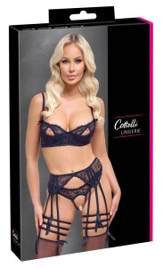 Cottelli Lingerie Komplet Czarny z Pasem do Pończoch, Biustonoszem i Stringami 80C/M