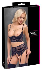 Cottelli LINGERIE komplet koronkowy 3-częściowy czarny 75B/S z łańcuszkiem i aksamitnymi paskami