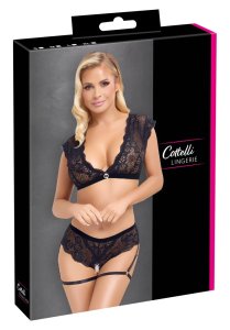 Cottelli Collection komplet koronkowy top i majtki czarne XL z ozdobnym pierścieniem