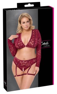 Cottelli Curves komplet koronkowy XL top z długim rękawem i majtki, ciemnoczerwony z zawieszką