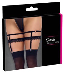 Cottelli ACCESSOIRES podwójne podwiązki aksamitne z koronką czarne S/M, srebrne pierścienie