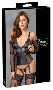 Cottelli Bondage Komplet Matowy Top i Stringi Bez Krocza Czarny L, z mankietami