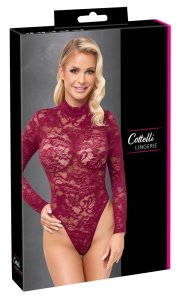Cottelli LINGERIE body koronkowe bordowa czerwień 2XL, długi rękaw, stojka, riostring