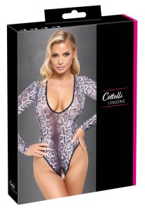 Cottelli Lingerie body przezroczyste panterka L, długi rękaw, wysokie wycięcia