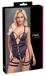 Cottelli Lingerie body koronkowe czarny M, odpinane paski do pończoch, otwarty przód