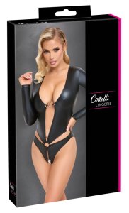 Cottelli Lingerie body matowe czarne XL, otwarty przód, długi rękaw, marszczenie