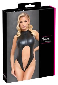 Cottelli Lingerie body matowe czarne M, otwarte przód/tył/krok, zamek, wysoki dekolt