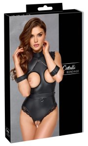 Cottelli Bondage body matowe czarne S, otwarta konstrukcja, mankiety, pierścienie