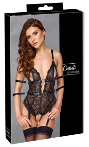 Cottelli Collection BONDAGE body koronkowe czarne S, mankiety, paski do pończoch