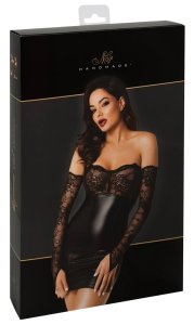 Noir Orgia XL Czarna Mini Sukienka Powerwetlook z Koronkowymi Mankietami
