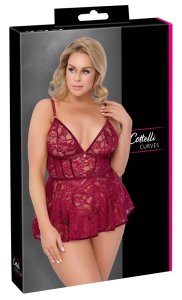 Cottelli Curves Babydoll koronkowa + majtki bezkrokowe czerwone XL, aksamitne detale