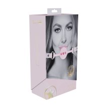 Ouch! Paris Collection rożowy silikonowy knebel z otworami – regulowany pasek, opalizujące metalowe okucia