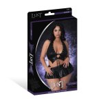 Magic Silk Seraphina 2XL kamizelka halter, stringi z falbaną, czarna eko-skóra, komplet