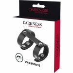 Darkness Skórzany Regulowany Pierścień Intymny z Dwoma Obręczami, Czarny