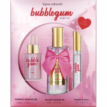 Bijoux Indiscrets Bubblegum – zestaw pielęgnacyjny z olejkiem, żelem i błyszczykiem o aromacie gumy balonowej