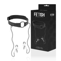 Fetish Submissive ring gag z zaciskami na piersi, skóra wegańska – regulowany system z łańcuszkiem