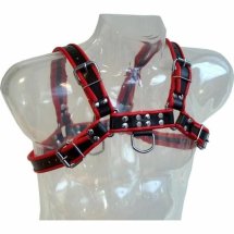 Fetish Submissive Body Harness skórzany czarno-czerwony, uniwersalny, z metalowymi łańcuchami