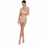 Passion BS089 Bodystocking kabaretka z koronką, biały, elastyczny materiał, uniwersalny