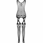 Passion BS099 czarny bodystocking siateczkowy, dekoracyjny wzór, jeden rozmiar