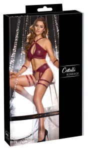 Cottelli Bondage zestaw bielizny ciemnoczerwony M z matowym wykończeniem, kajdankami i regulowanymi paskami