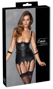 Cottelli Collection Bondage S – czarny komplet z kajdankami, paskami do pończoch i matowym wykończeniem