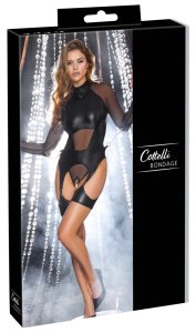 Cottelli Collection Body Bondage S czarne z kajdankami, otwartym krokiem i siateczką