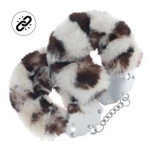 Shots Fluffy Handcuffs Snow Leopard – wytrzymałe kajdanki z futerkiem, szybkie otwarcie