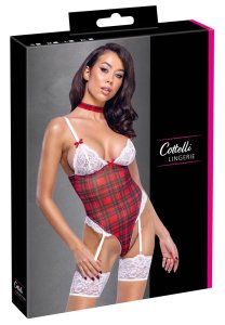 Cottelli Lingerie Body Plaid z chokerem i koronką, biało-czerwony S, regulowane paski