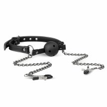 EasyToys Open Ball Gag Black z Regulowanymi Zaciskami, 4,3 cm, Pasek Ekoskóra