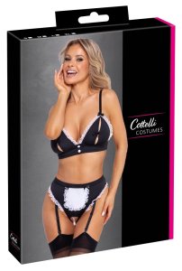 Cottelli COSTUMES Maid Set M – czarno-biały kostium pokojówki z fartuszkiem i regulowanymi paskami