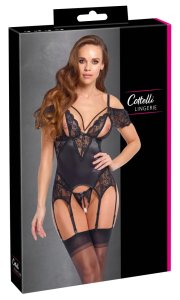 Cottelli Lingerie Basque Pearls S – czarny komplet z perłowymi łańcuszkami i koronkowymi rękawkami