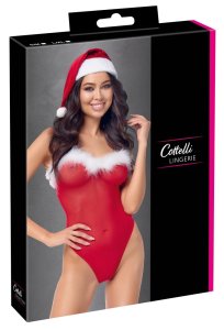 Cottelli Lingerie X-Mas Body z czapeczką, czerwony komplet świąteczny L/XL, siateczka