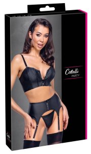 Cottelli PARTY matowy komplet z gorsetem, pasem i stringami, czarny S