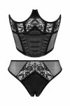 Passion Half Corset & Tiara Thong czarny, imitacja skóry, koronka, S/M, zapięcie na rzep