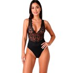 Passion Evalie Body Czarny S/M – Koronkowe body z odkrytymi plecami, głęboki dekolt