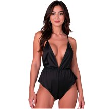 Passion SENSIE Body satynowe czarne S/M – Satynowa tkanina, głęboki dekolt, regulowane ramiączka