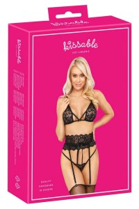 Kissable Komplet Koronkowy z Paskami do Pończoch Czarny L/XL – elastyczny zestaw
