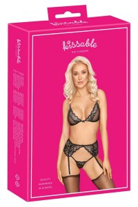 Kissable Lace Set S/M – Biustonosz bez fiszbiny, pas do pończoch i stringi, czarny komplet