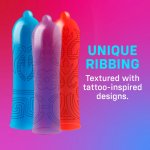 ONE Tattoo Touch 12 szt. – kolorowe prezerwatywy z wypukłym wzorem, Sensatex