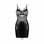 Obsessive Dominna komplet chemise & stringi czarny wetlook 2XL/3XL – elastyczny zestaw