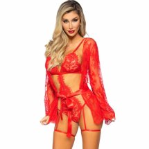 Leg Avenue 86123 Komplet Body Teddy i Szlafrok z Podwiązkami Czerwony M, regulacja