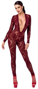 Noir Handmade Kink Royal kombinezon damski burgund L z flokiem – transparentny, zamek, długi rękaw