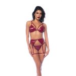 Coquette Zestaw Trzyczęściowy M Winylowy Ciemnoczerwony Gloss z pasem i stringami