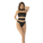 Leg Avenue Halter Bodysuit S beżowo-czarny z siateczką, ekoskórą i regulacją