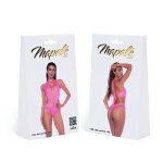 Mapale Bodysuit Wet Look S/M Rożowy z regulowanym halterem i głębokim dekoltem